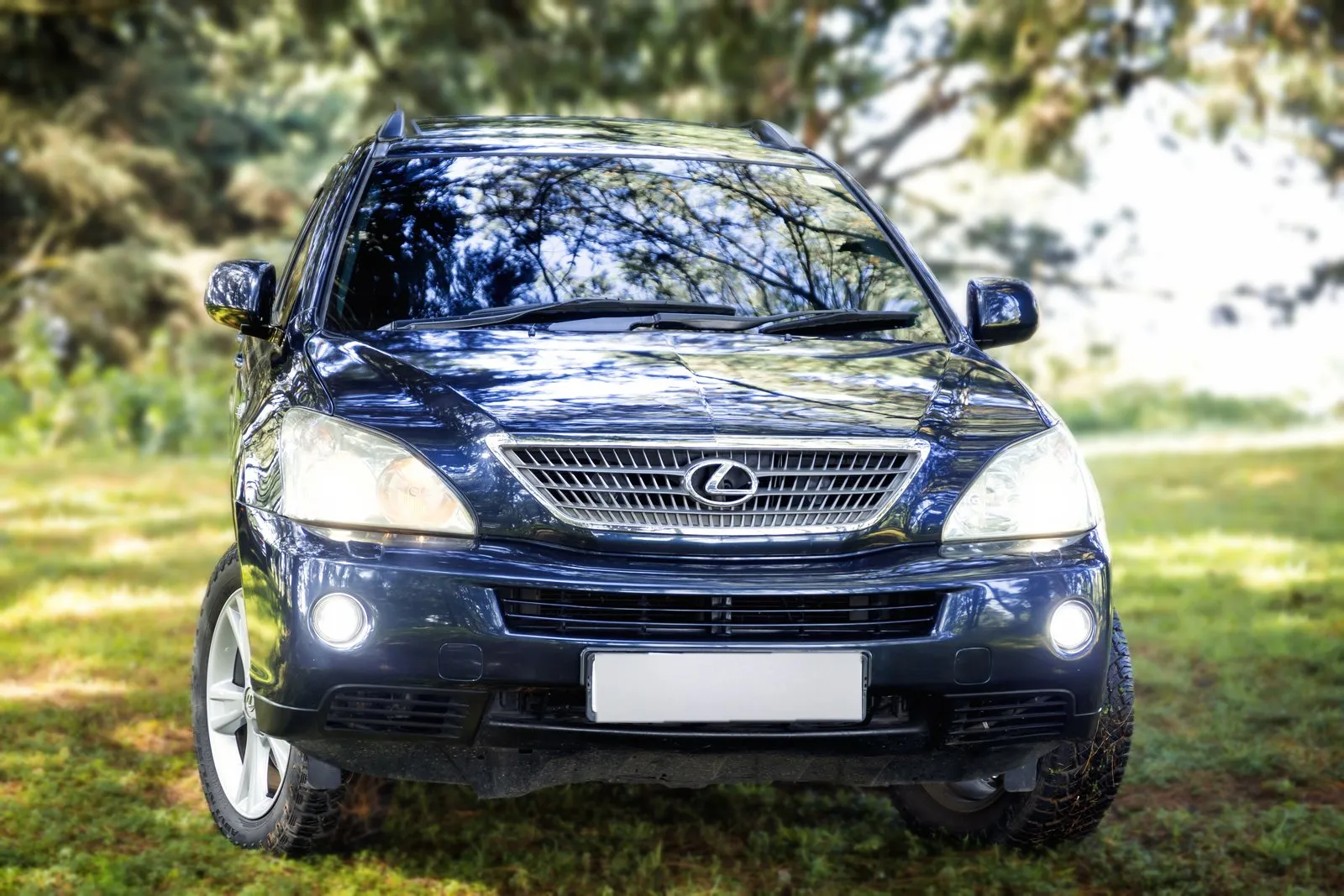 Lexus RX 400h Hybrid front-on with its lights on