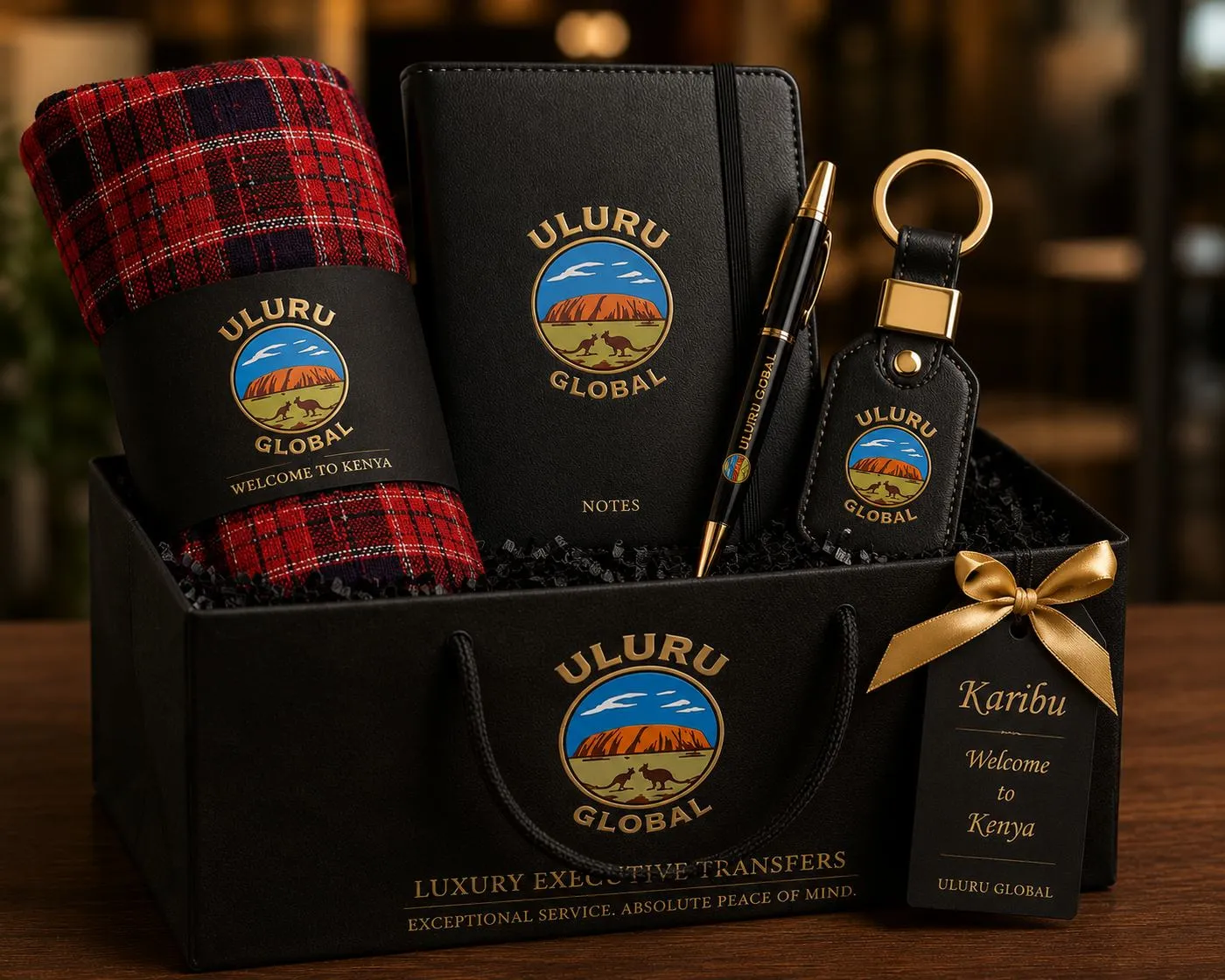 Uluru Global welcome hamper with Maasai shuka, notebook, pen and key holder