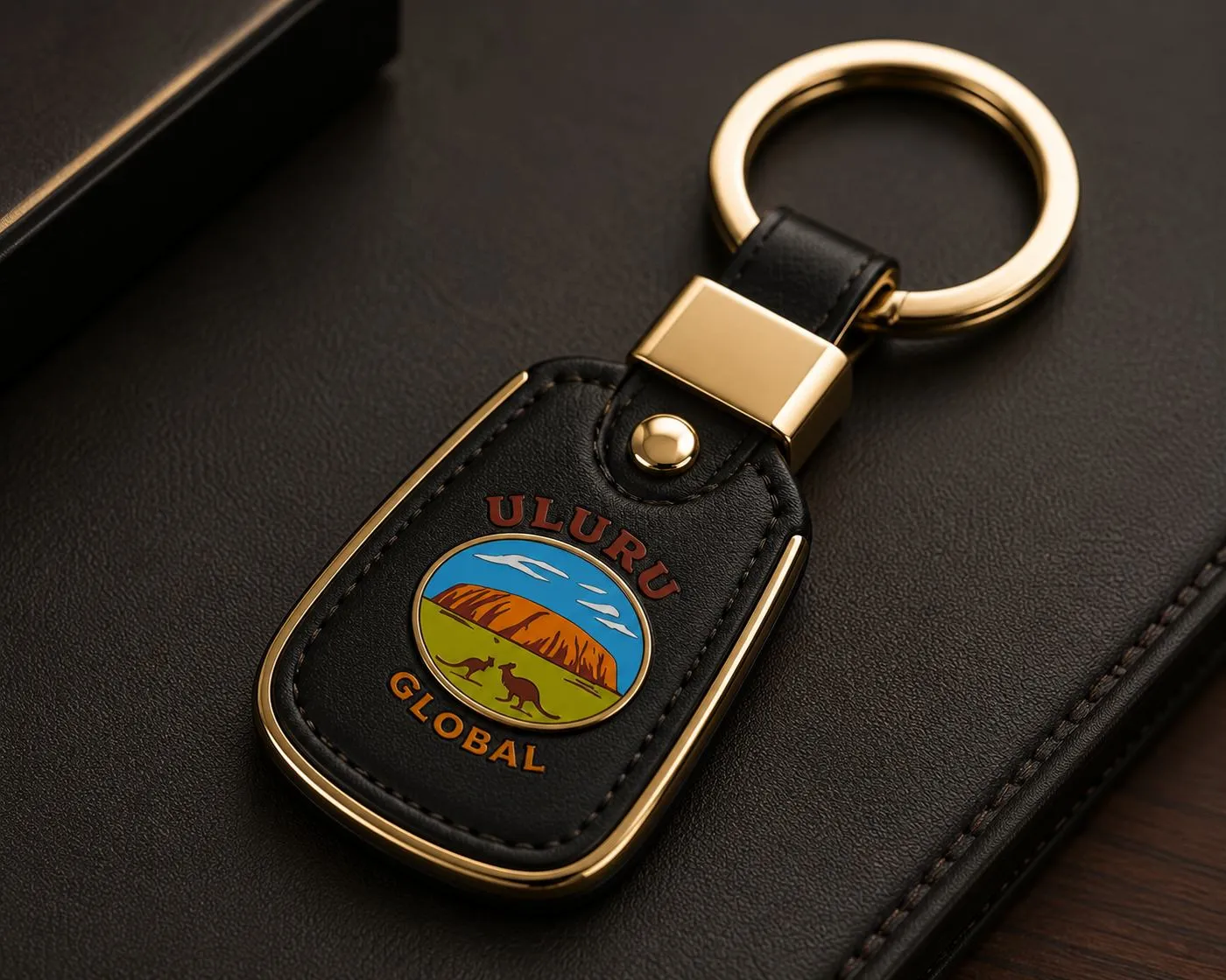 Leather key holder with the Uluru Global badge and a gold ring