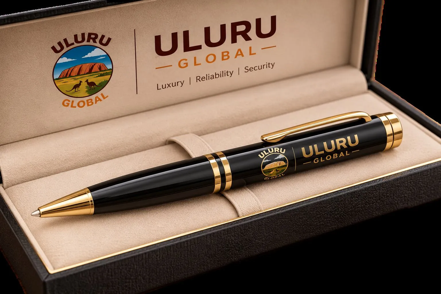 Executive pen with the Uluru Global badge, in its presentation box