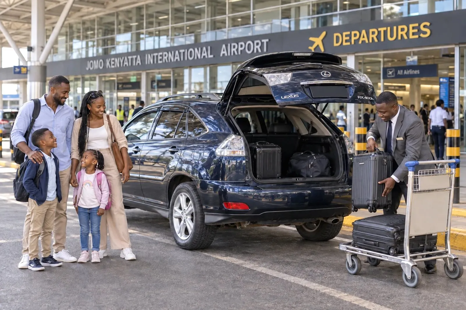 A family of four beside a navy Lexus RX 400h at a departures kerb while a chauffeur lifts their suitcases from the open boot onto a trolley