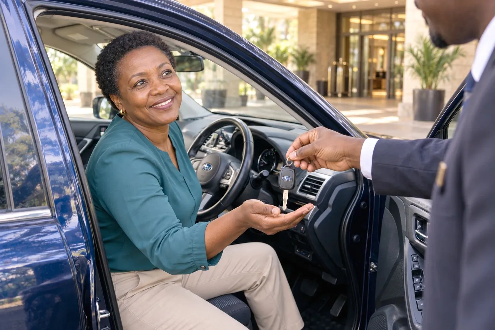 A woman in the driver's seat of a navy Subaru receives the key from a man in a suit outside a hotel entrance